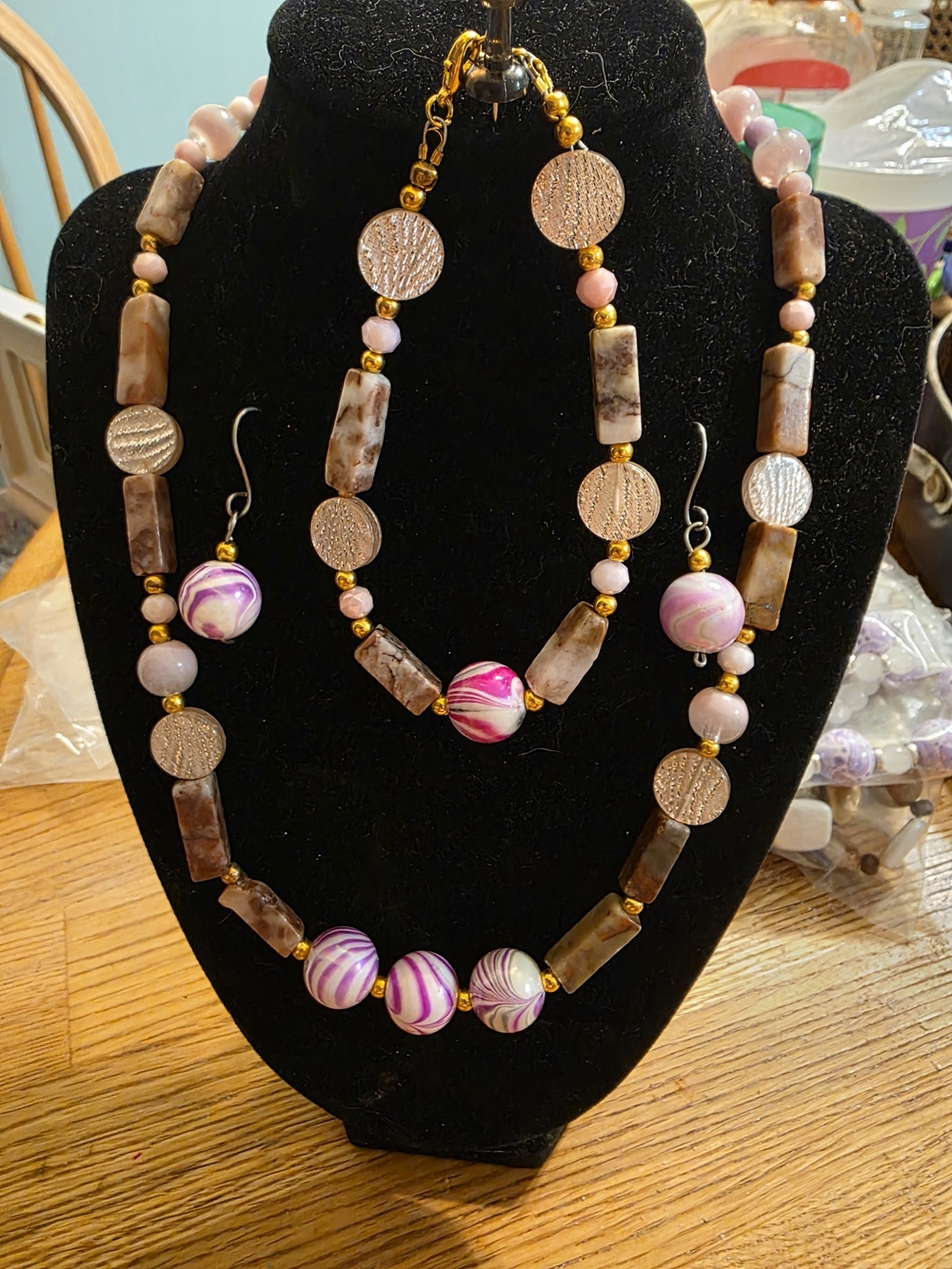 Handcrafted Pink Swirl &Stone Beaded Necklace, Bracelet, and Earring Set